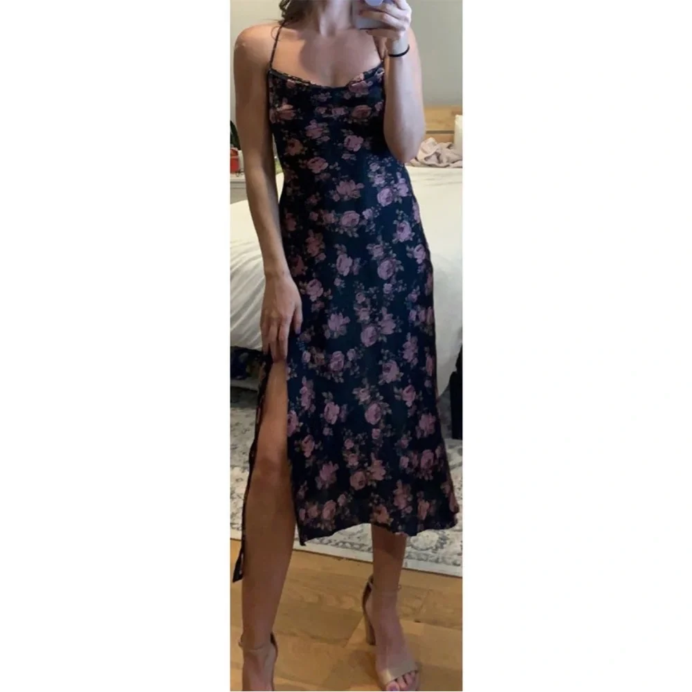 Astr the Label Gaia Navy Floral Satin Midi Dress